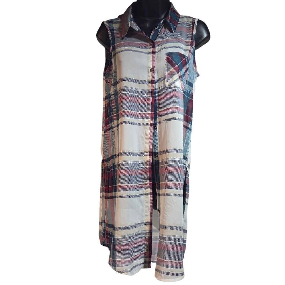 Jolt Juniors Sleeveless Plaid And Lace Lightweight Button-Up Tunic Size S